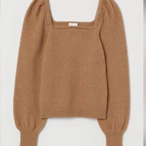 H&M Square Neck Puff Sleeves Knit Sweater Top Tan Camel Beige Size Large